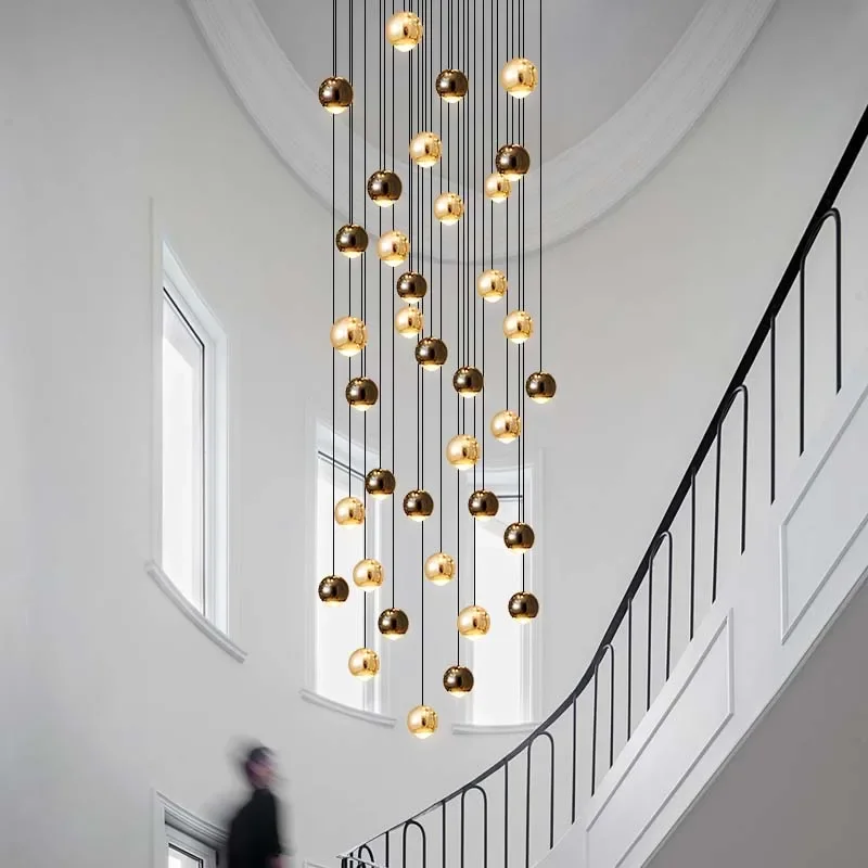 

Modern LED Crystal Chandelier for Staircase Minimalist Round Ball Long Hanging Lamps Gold Creative Art Attic Lighting Fixtures