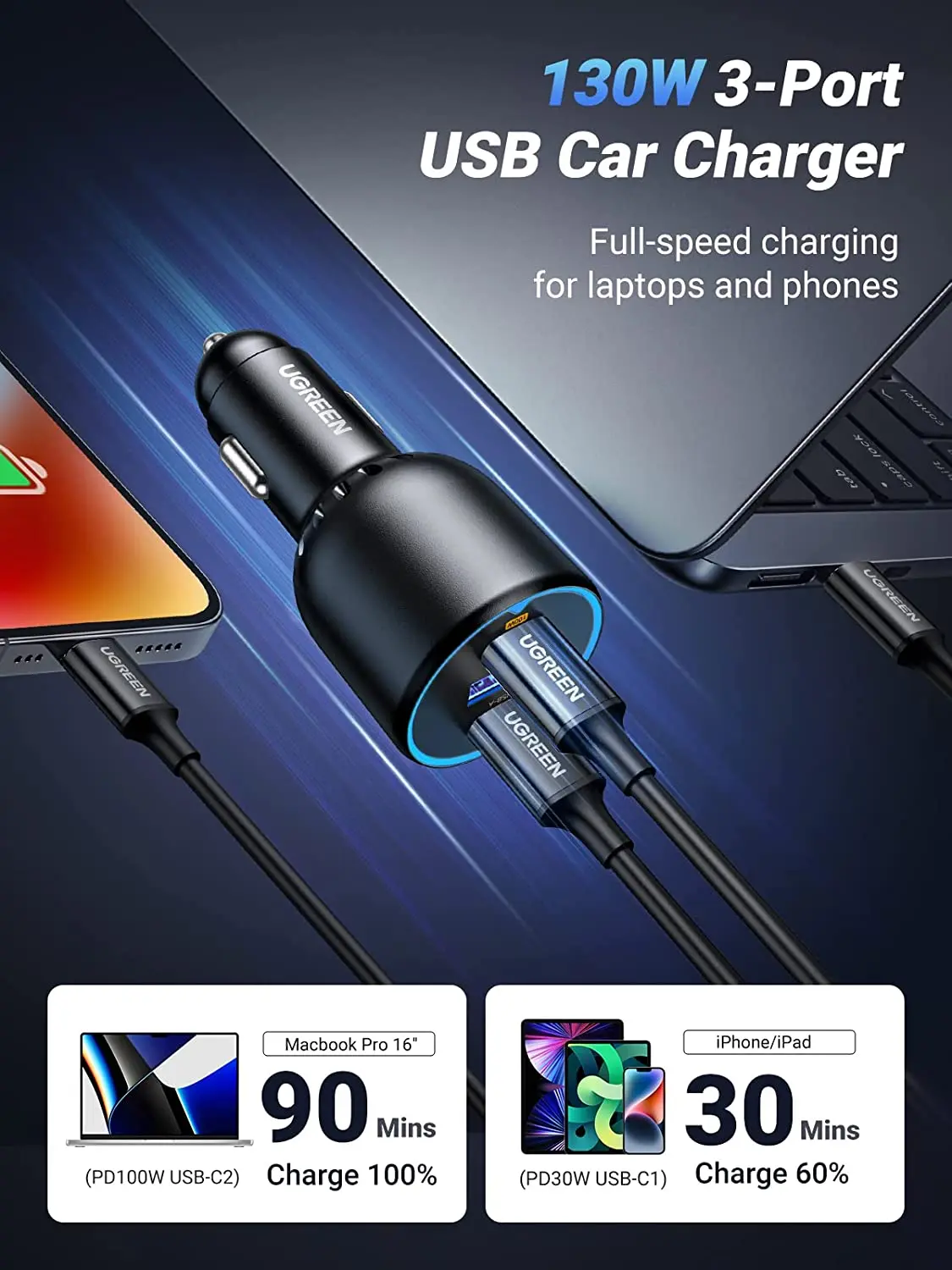 130W USB C Car Charger UGREEN Type C PD3.0/QC4.0/PPS Fast Charging Car Charger with LED Display