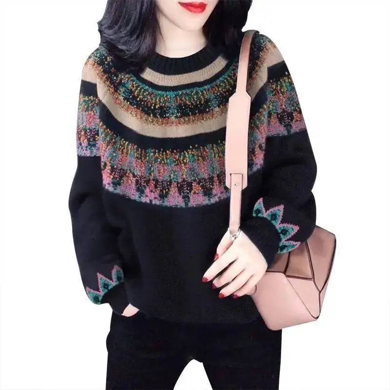 Round neck black knitted sweater winter new casual ethnic style versatile sweater for women