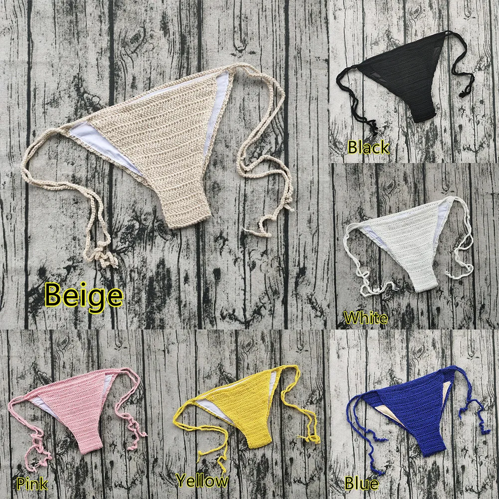 Knitting Bikini Briefs Woman Sexy Swimming Trunks Handmade Crochet Beachwear Lace Up Low Waist Swimsuit Weave Swimwear Bandage