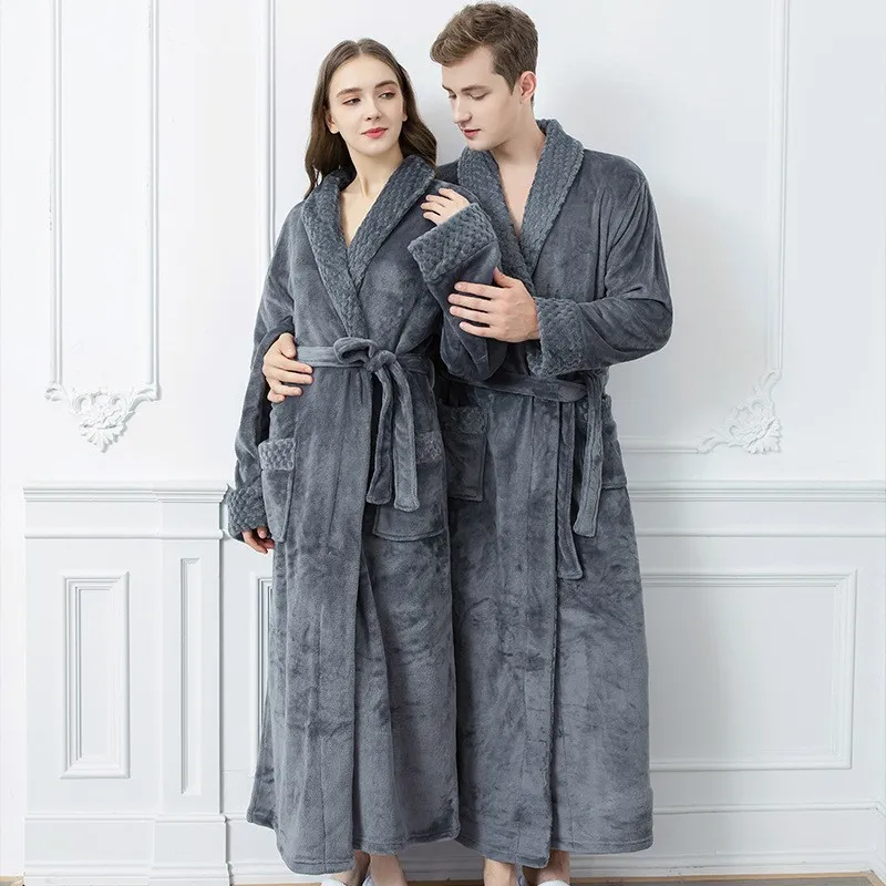 Women Ladies Luxury Long Bath Robe Dressing Gown Flannel Fleece Soft Bathrobe Men Coral Velvet Plush Thickened Couple Bathrobe