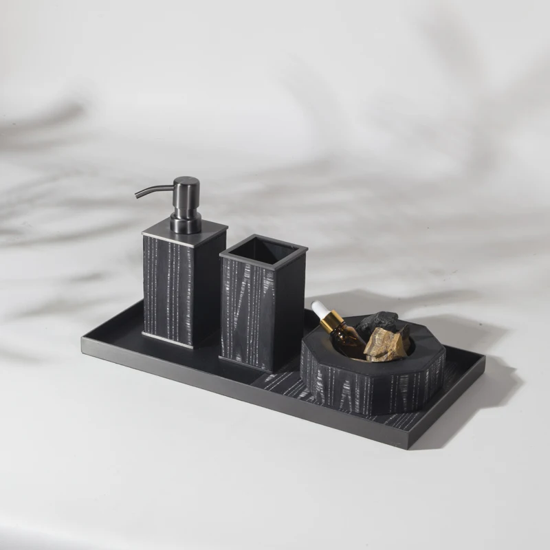 

Luxury Black Brushed Stainless Steel Bathroom Accessories Set High Quality Hotel Amenities Tray Box Jar Customizable Colours