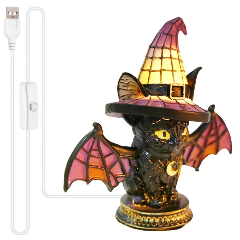 ABUG-Gothic Witches Lamp Colorful Cat Table Lamp Handcrafted Retro Resin Witch Hat Night Light Halloween Decorations