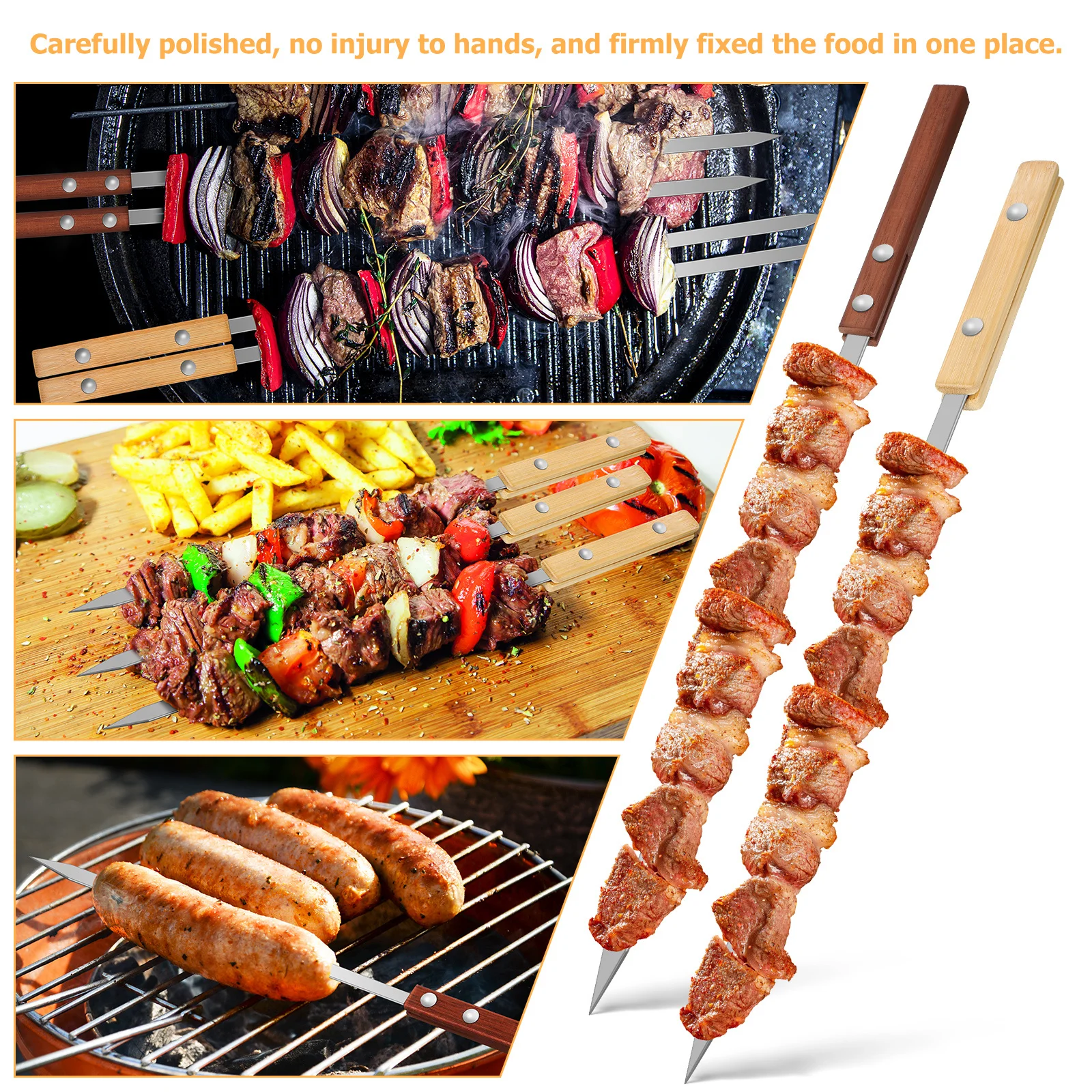 

12Pcs Barbeque Skewers Stainless Steel Flat Wooden Handle Reusable Bbq Grill Sticks for Camping Outdoor Picnic Grill Tools