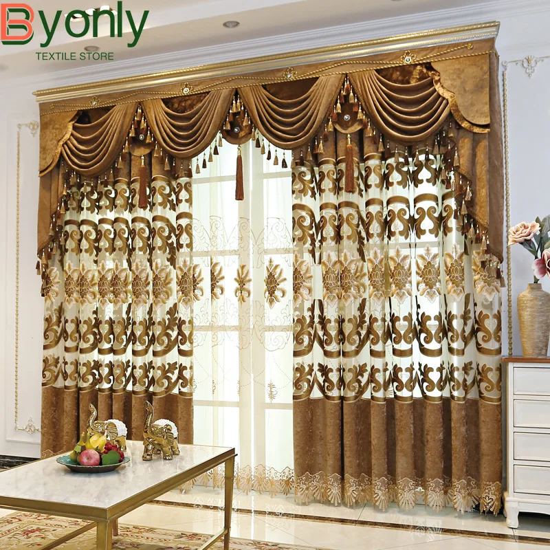 

Coffee Water Soluble Embroidered Window Screen Thickened Hollow Chenille Curtains for Living Room Bedroom French Window Balcony