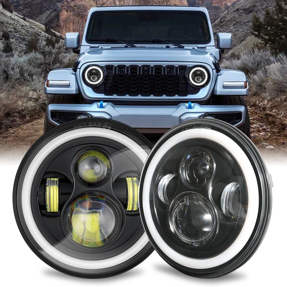 

Для 2007-2017 Jeep Wrangler JK JKU LJ TJ Пара 7-дюймовых круглых светодиодных фар Hi-Lo Beam DRL Поворотный сигнал Янтарно-белый Дальний ближний свет