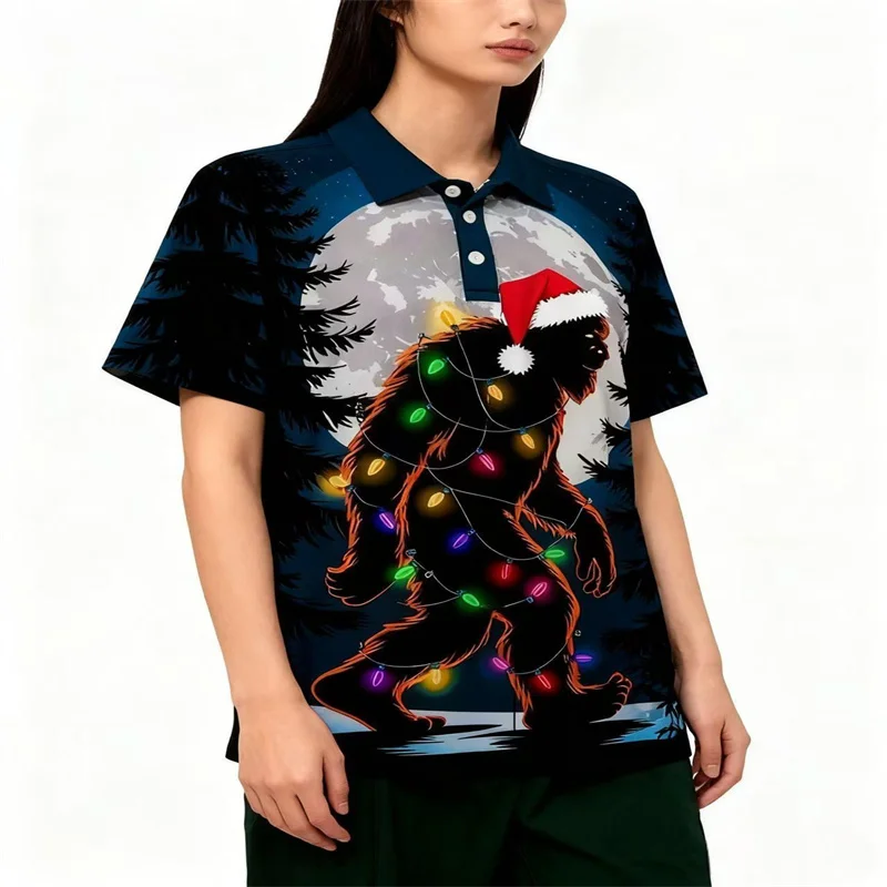 

2025 Christmas Eve Giant Ape and Christmas Lamp Printed Short Sleeve Shirt Fashionable and Comfortable Polo Shirt