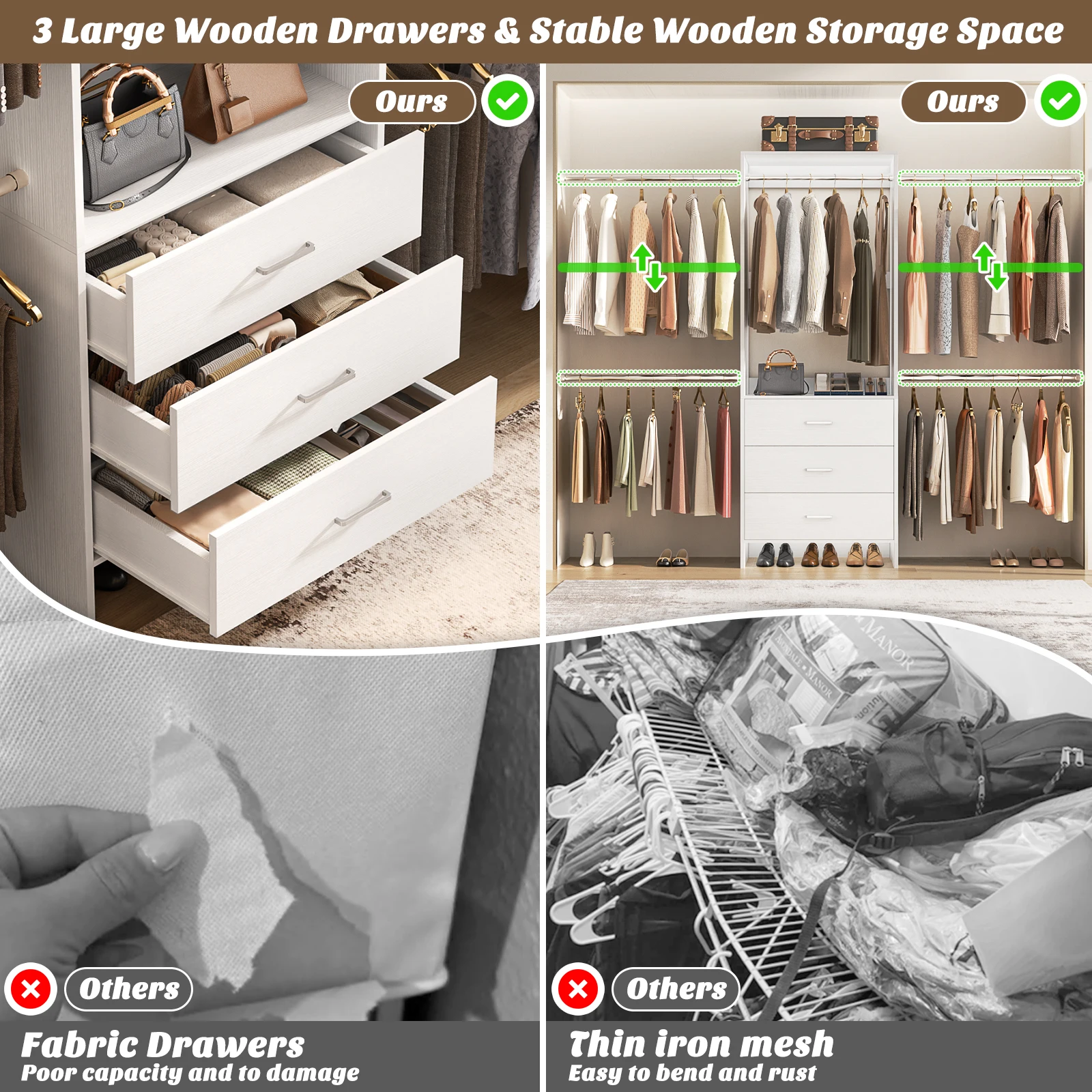 Aheaplus Closet System Closet Organizer with 3 Wooden Drawers Walk-in Closet Wardrobe with 4 Hanging Rods Clothes Rack Garment Organizer