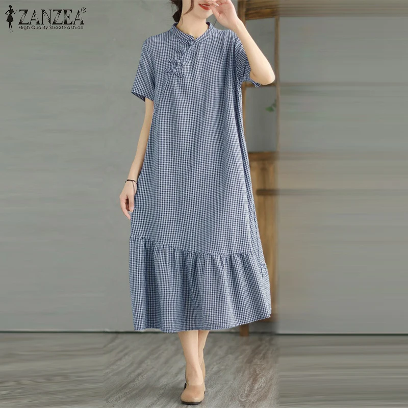 2026 Sommer Kariertes Kleid ZANZEA Vintage Damen Midi-Kleider Stehkragen Kurzarm Sommerkleid mit Knöpfen Vestidos Lässige Urlaubskleider