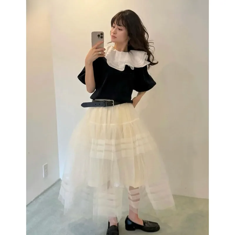 

Japanese Style Ruffles Lapel Short-sleeved Sweatshirt Tops Summer Autumn New Fashion Pure Color Tshirt Women Aesthetic Clothes