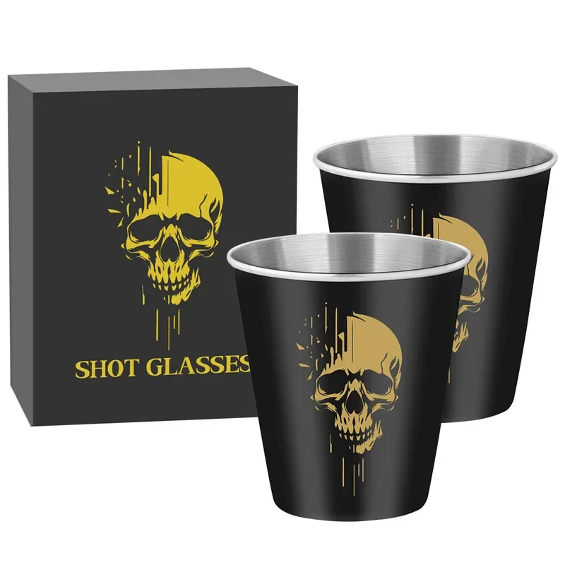 2pcs/set 70ml/2.39oz Aluminum Shot Glasses Gothic Skull Head Pattern Outdoor Hunting Liquor Cups Bar Accessory Wedding Gift Set