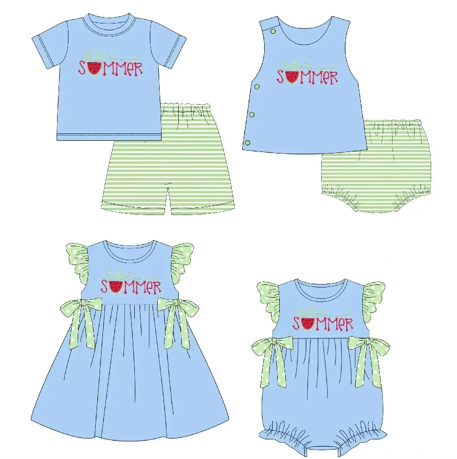 

Summer boutique milk silk clothes girls pearl dress letter element blue top green striped shorts toddler jumpsuit baby matching