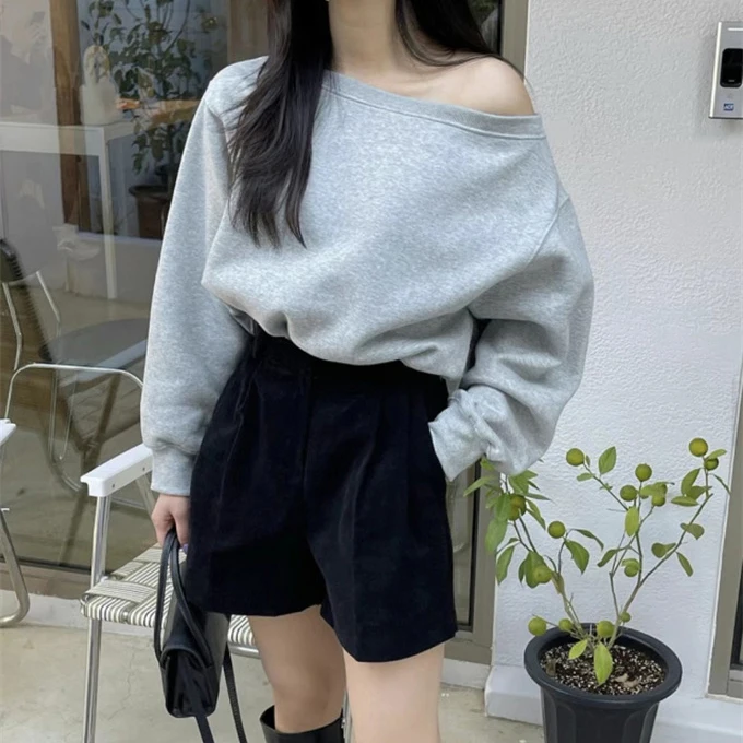Korean Style Side Shoulder Exposure Long Sleeve Loose Casual Hoodie Women's Fashion Single Color Pullover Top Three Colors