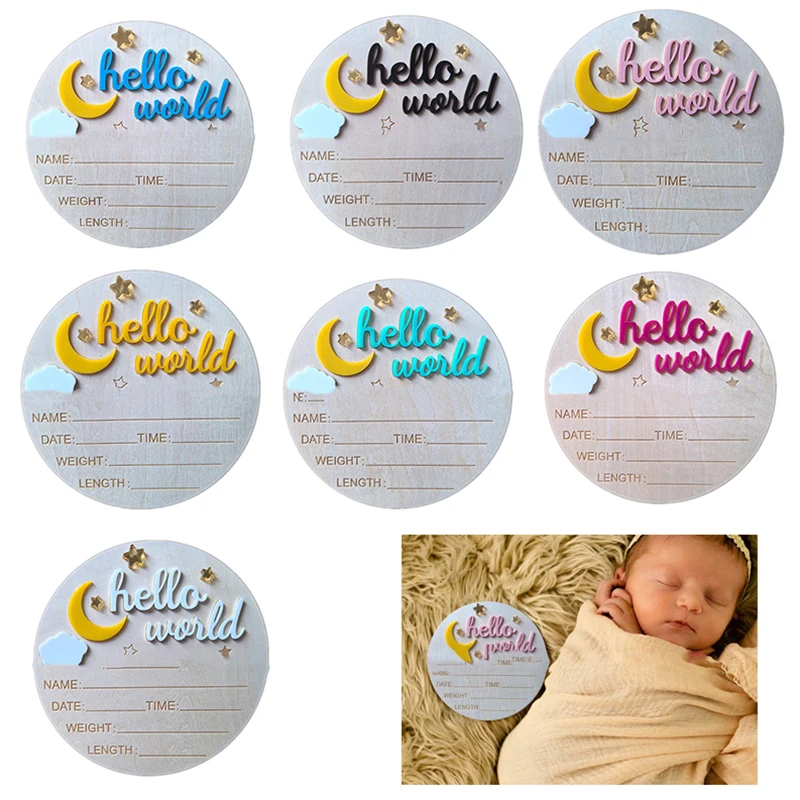 【F】Holzschild „Hello World“ für Neugeborene, niedliches Geburtsankündigungsboard, Baby-Ankündigungsboard