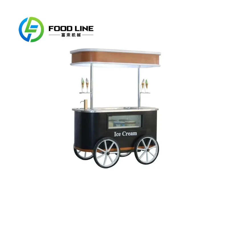 Customized Awning Mobile Gelato Ice Cream Push Cart With Wheels Commercial Street Vending Trolley For Outdoor Cold Dessert