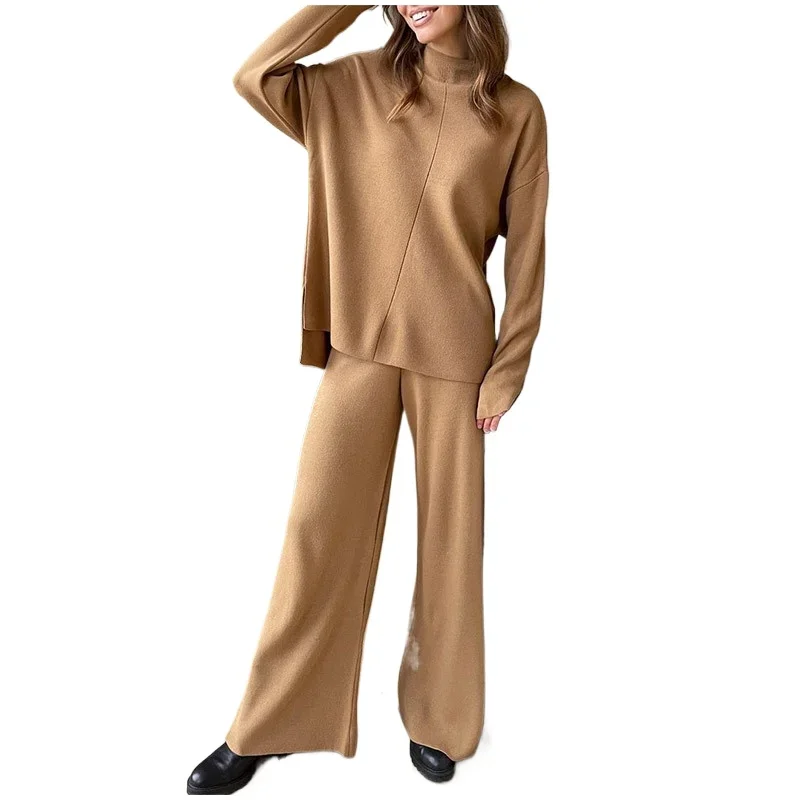 2025 NewWomen's Hot Selling Solid Color Knitted Pullover High Neck Sweater Set Fashionable Loose Pants Set European and American