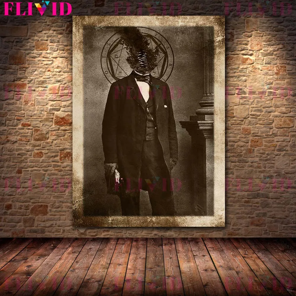 Dark Victorian Style Goat Demon Mysterious Figure Retro Wall Art Canvas Painting,Horror & Occult Art Poster Print Home Decor