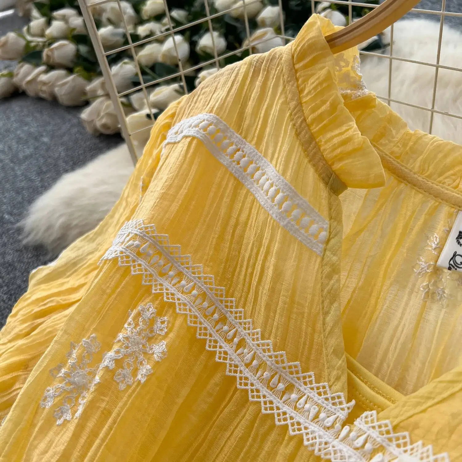 Chic vintage scollo a V maglia ricamata sottile elegante fata moda coreana Boho vestito estivo abbigliamento donna Abito lungo