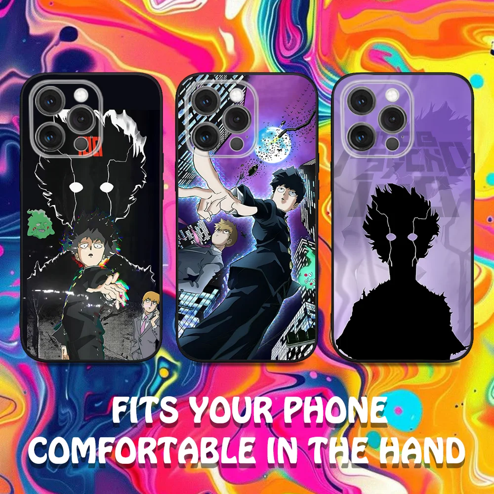 

M-Mob Psycho 100 Anime Phone Case For iPhone 16,15,14,13,12,11,Pro,Max,Plus,X,XS,SE,E,Mini,Soft Silicone Black Case