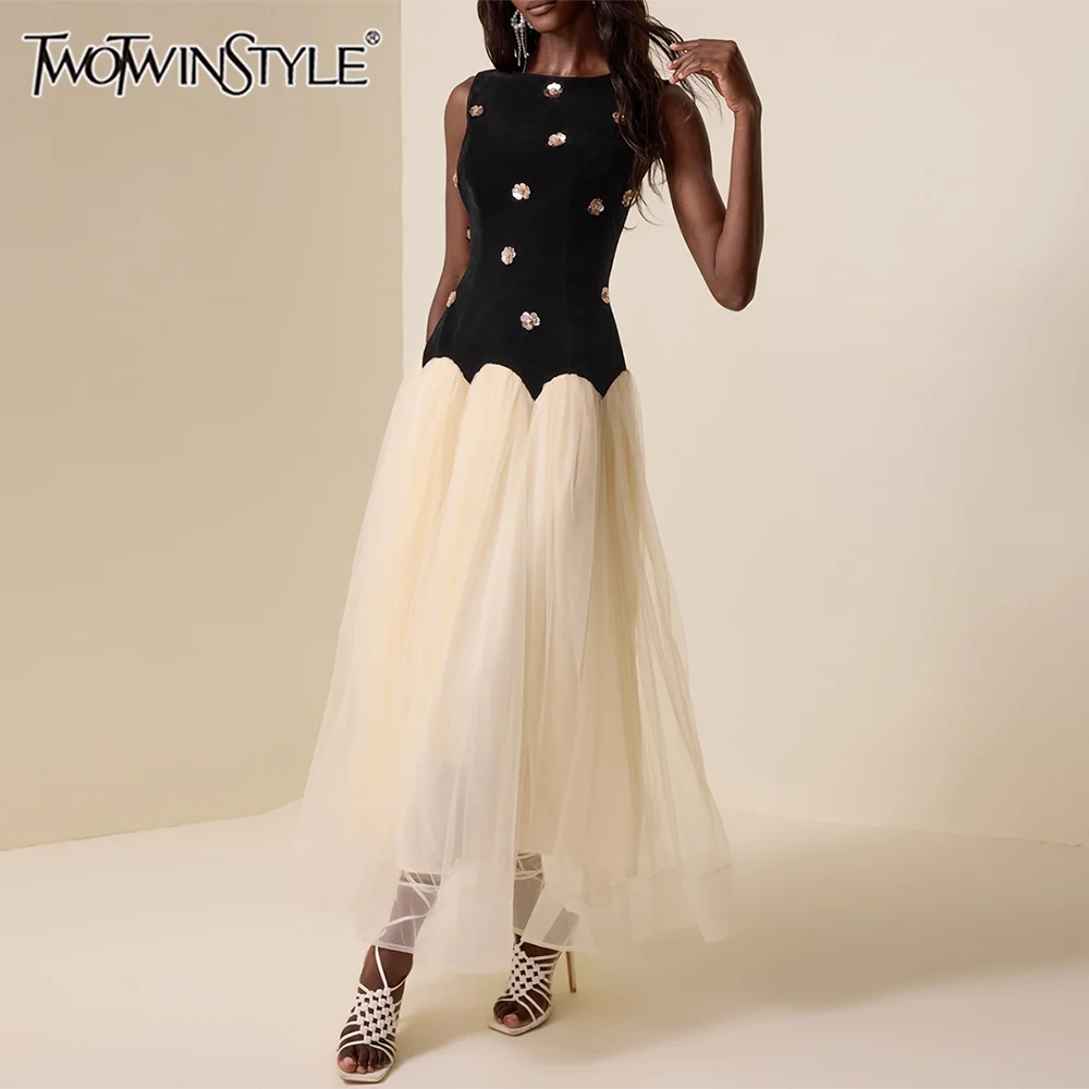 

TWOTWINSTYLE Hit Color Hollow Out Dresses for Women Round Neck Sleeveless High Waist Spliced Mesh Long Dress Female