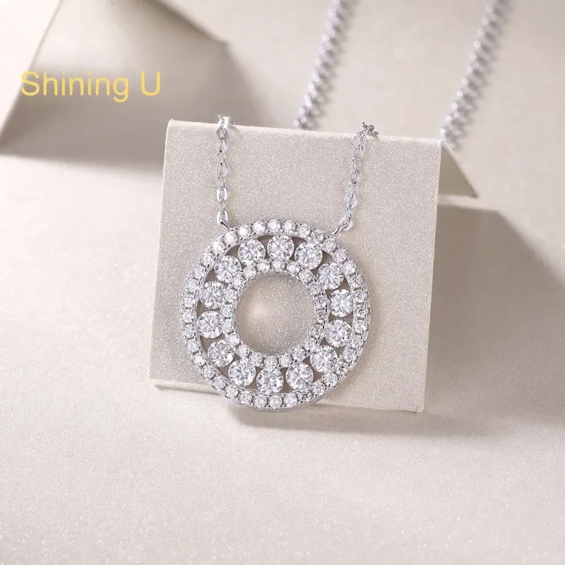 Shining U S925 Silver D Color Moissanite Round Pendant Necklace for Women 18K Platinum Plated Fine Jewelry Anniversary