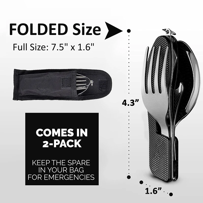 4-in-1 Camping Utensils 2 Pack Portable Stainless Steel Spoon Knife Bottle Opener Combo Set Travel Backpacking Cutlery Multitool