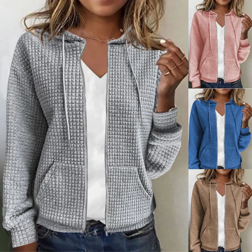 Women Waffle Knit Zip Up Hoodie Jacket Casual Long Sleeve Drawstring Hooded Coat With Pockets Loose Solid Color Fall Winter Wome