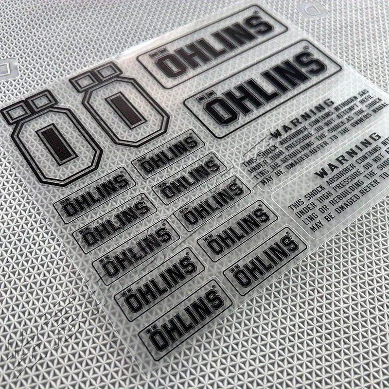 Calcomanías de motocicleta con amortiguador de suspensión Ohlins: pegatinas adhesivas transparentes con etiquetas de advertencia para un rendimiento mejorado