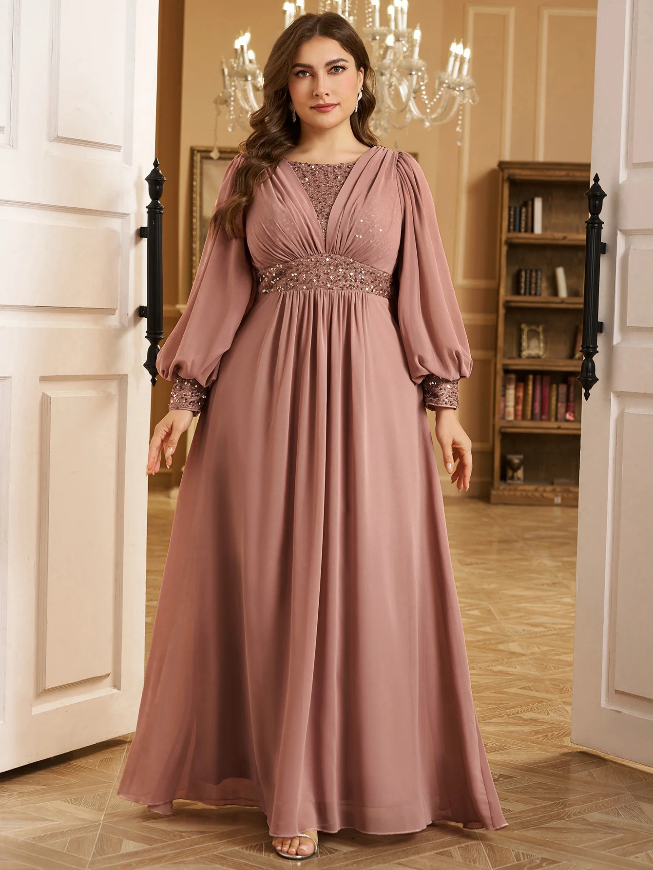 UNITHORSE بالإضافة إلى حجم الخامس الرقبة فانوس كم الترتر المرقعة الشيفون فستان السهرة الرسمية