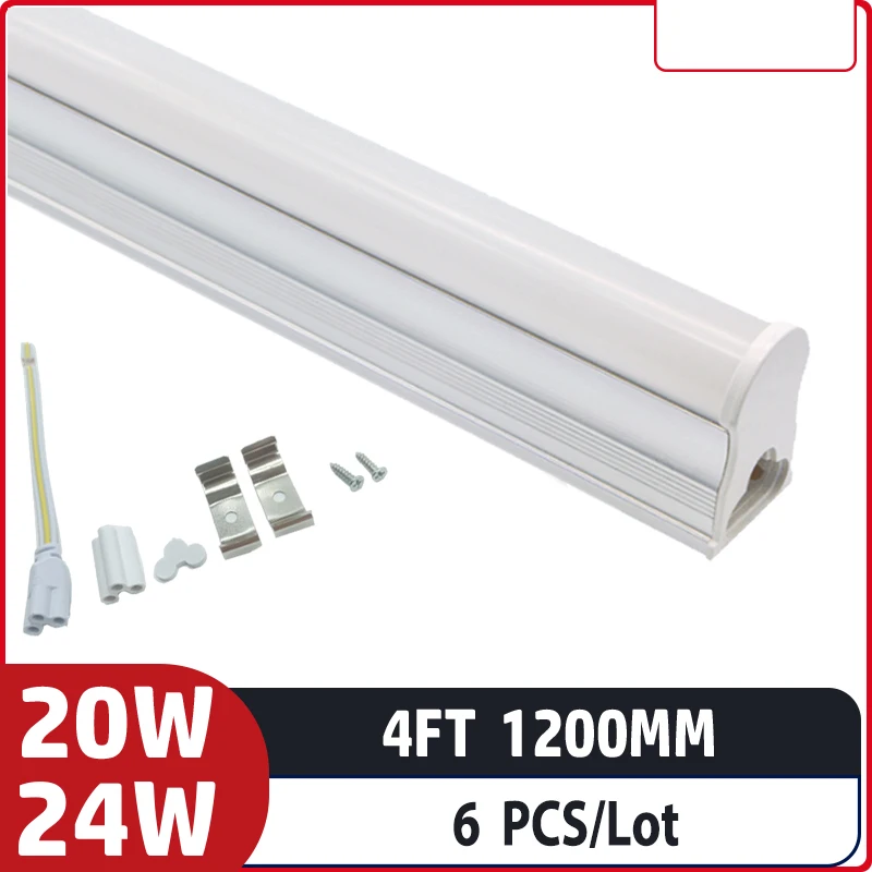 

6pcs/lot 4ft 1200mm 20W 24W AC85-265V input voltage Led Fluorescent lamp For Home Lighting T5 integrated led tube