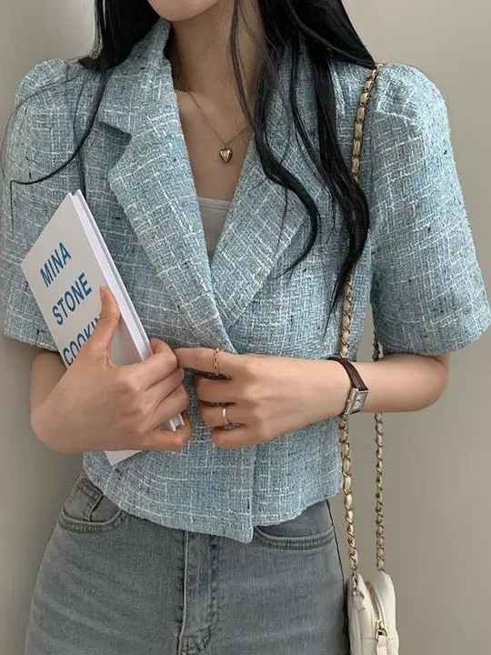 

Women's ort Tweed Jaet Spring New Sle Vintage Turn-down Collar Two-button Loose Fit Outerwear Top Straight Tube pe