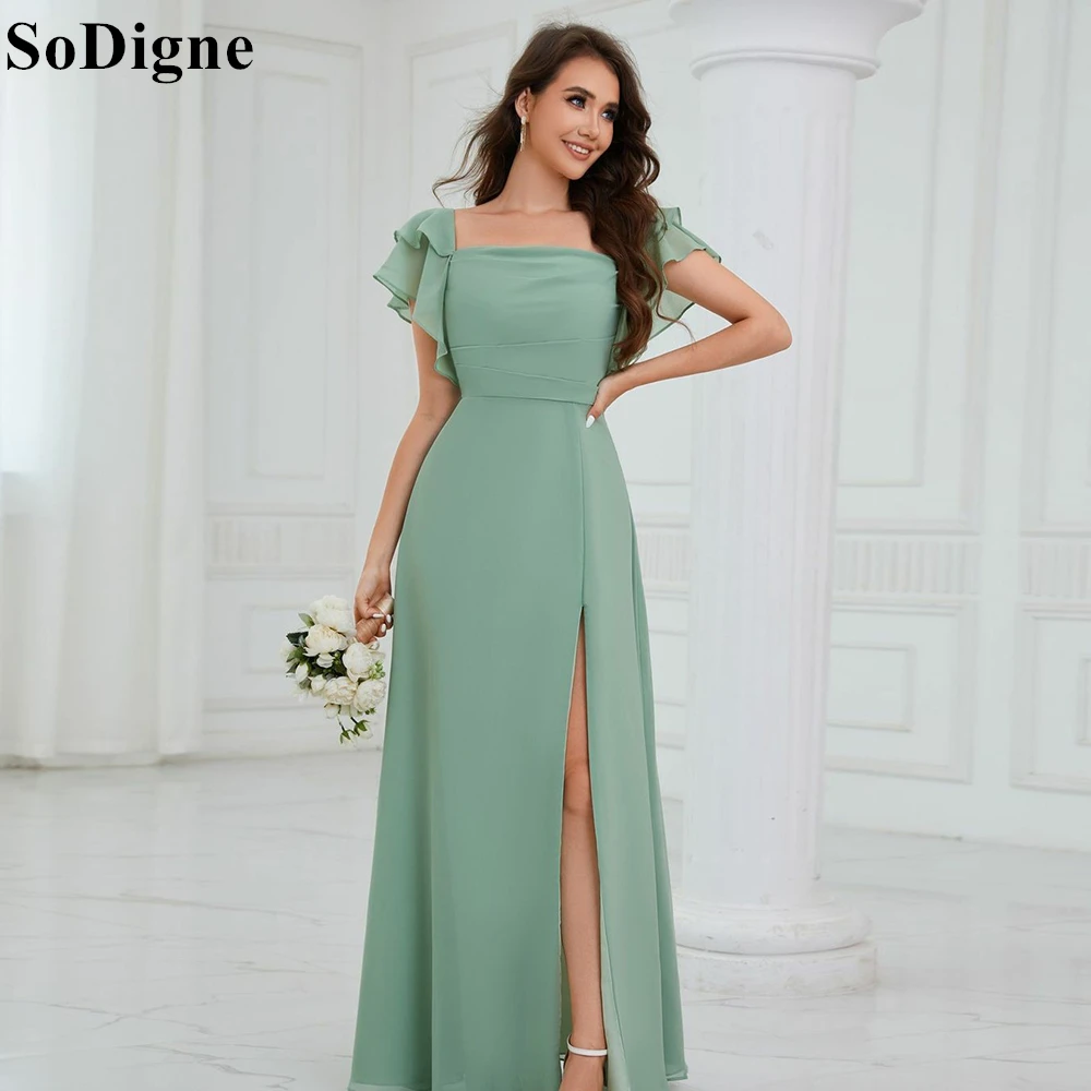 

SoDigne Mint Green Evening Dresses Square Neck Side Slit Bridesmaid Dress Mermaid Party Dress 2024 Elegant Prom Gowns for Women