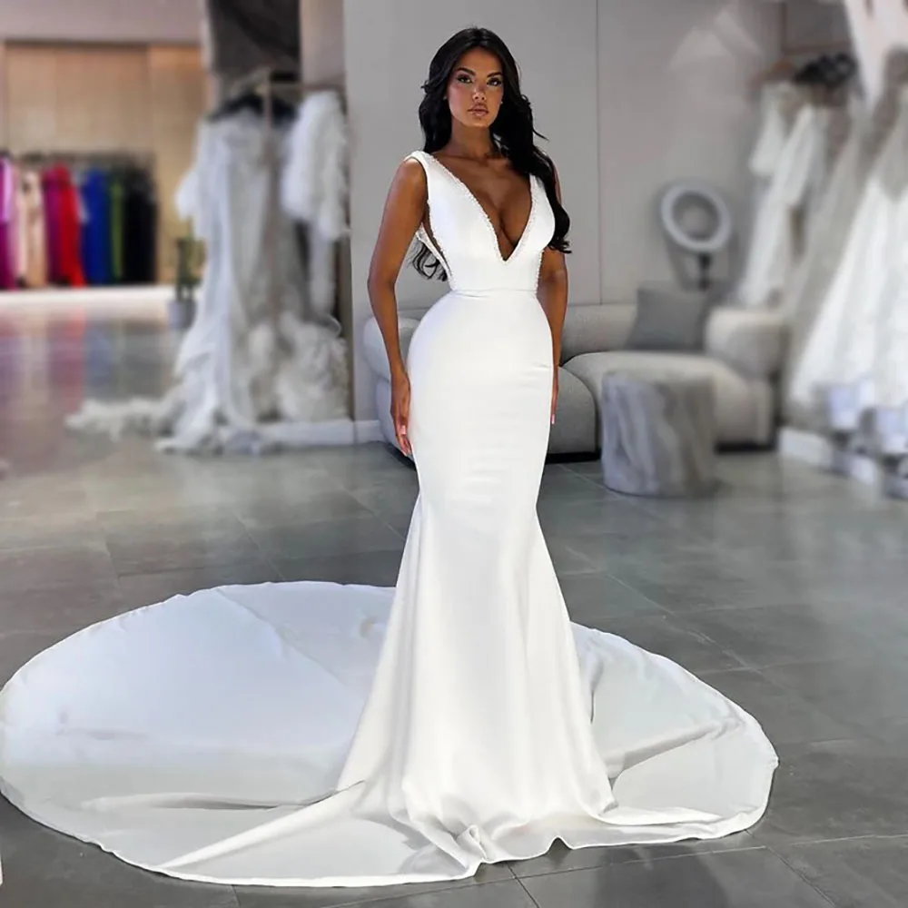 

Mermaid Wedding Dress 2025 Sexy V-neck Bridal Gown Royal Train Sleeveless Wedding Gowns For Bride Vestidos De Noiva