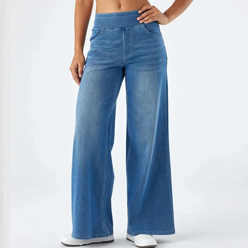 Pop mulheres baggy jeans streetwear cintura alta perna larga calças jeans retro cintura elástica azul solto calças femininas 2025