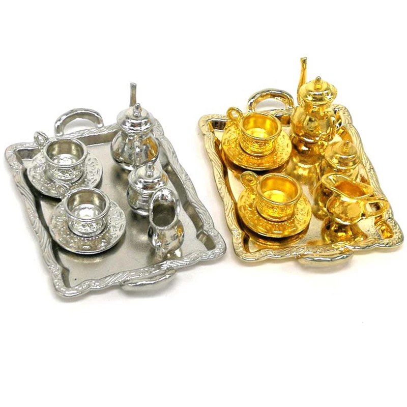 

10Pcs 1: 12 Dollhouse Furniture Miniature Dining Ware Metal Tea Cup Plate Set