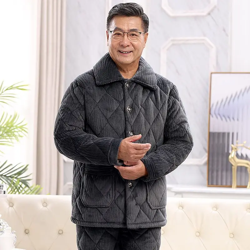 Elderly Dad Grandpa Extra Thick Wool Home Cotton-padded Jacket Coral Wool Warm Set Three Layers Padded Jacket for The Elderly