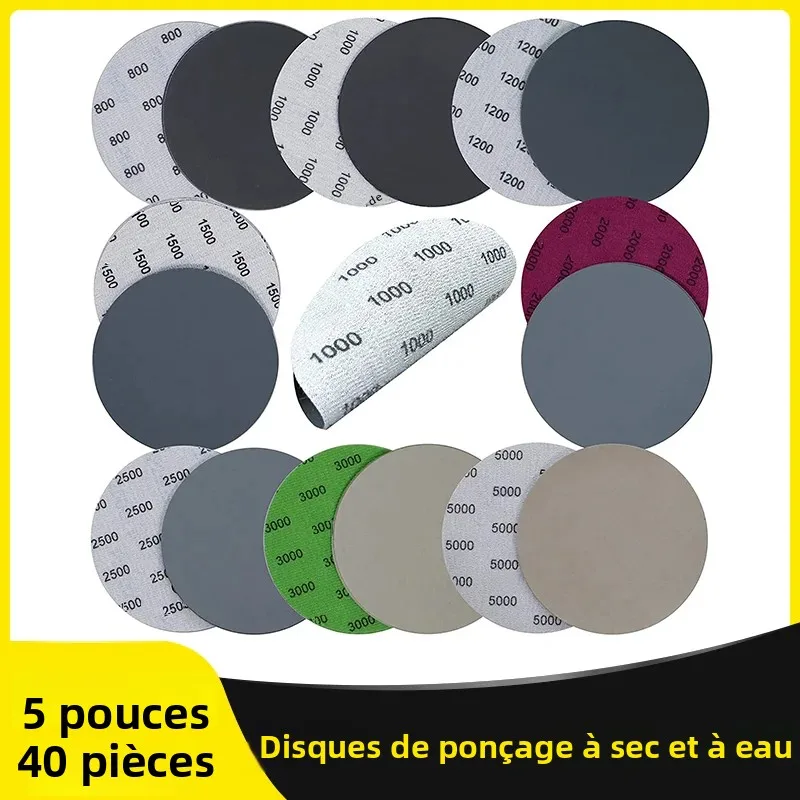 40 pièces 5 pouces disques abrasifs humides et secs 800-5000 grain papier de verre Compatible meuleuse accessoires de polissage pour Auto métal bois