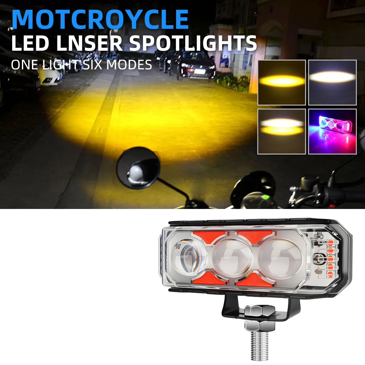 3Lens 4Lens Motorcycle LED Laser Spotlights White Yellow Flashing External Headlight High Low Beam DRL Driving Light Waterproof