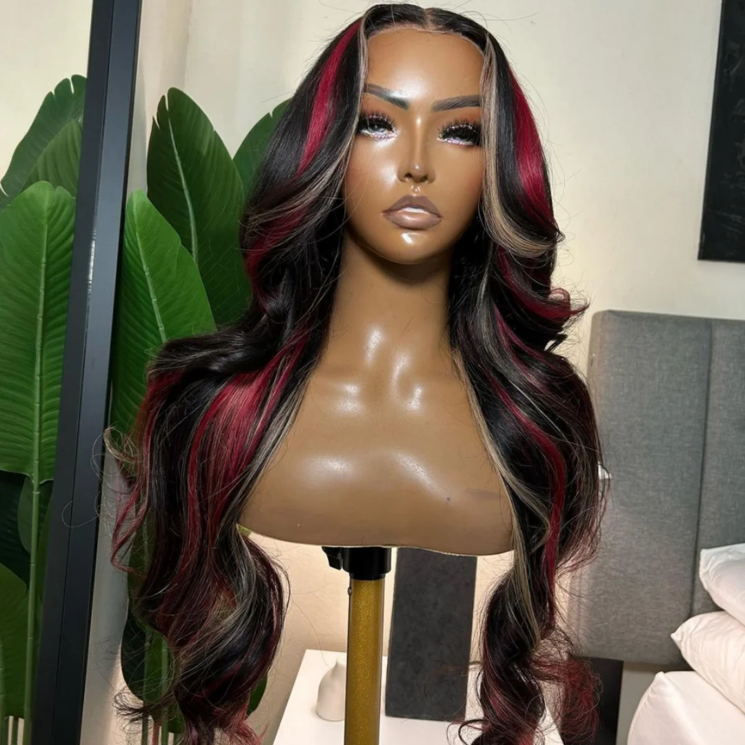 

Red Blonde With Black Wavy Highlight Wig 13X4 Synthetic Lace Front Wigs For Women Pre Plucked Hairline With Baby Hair Fiber 180%