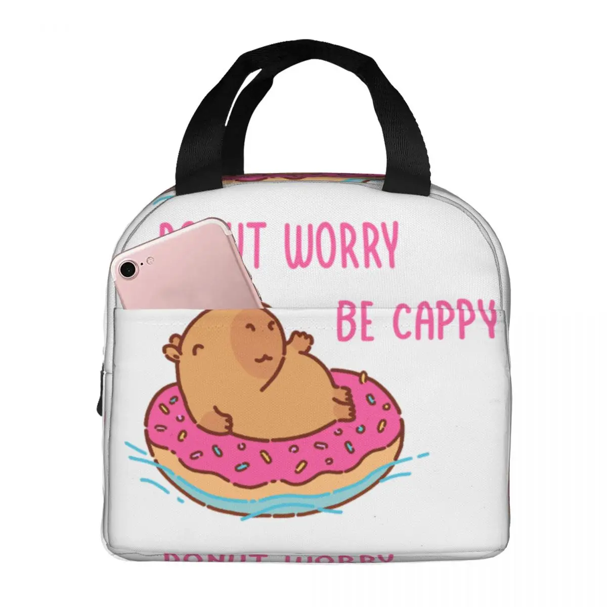 Capybara Floating In A Donut Floater Donut Worry Be Cappy Lunch Bag Men Women Cooler Warm Insulated Lunch Boxes for Office