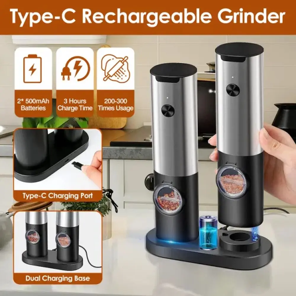 Electric Salt and Pepper Grinder Rechargeable Charging Base Automatic Salt Mill LED Indicator