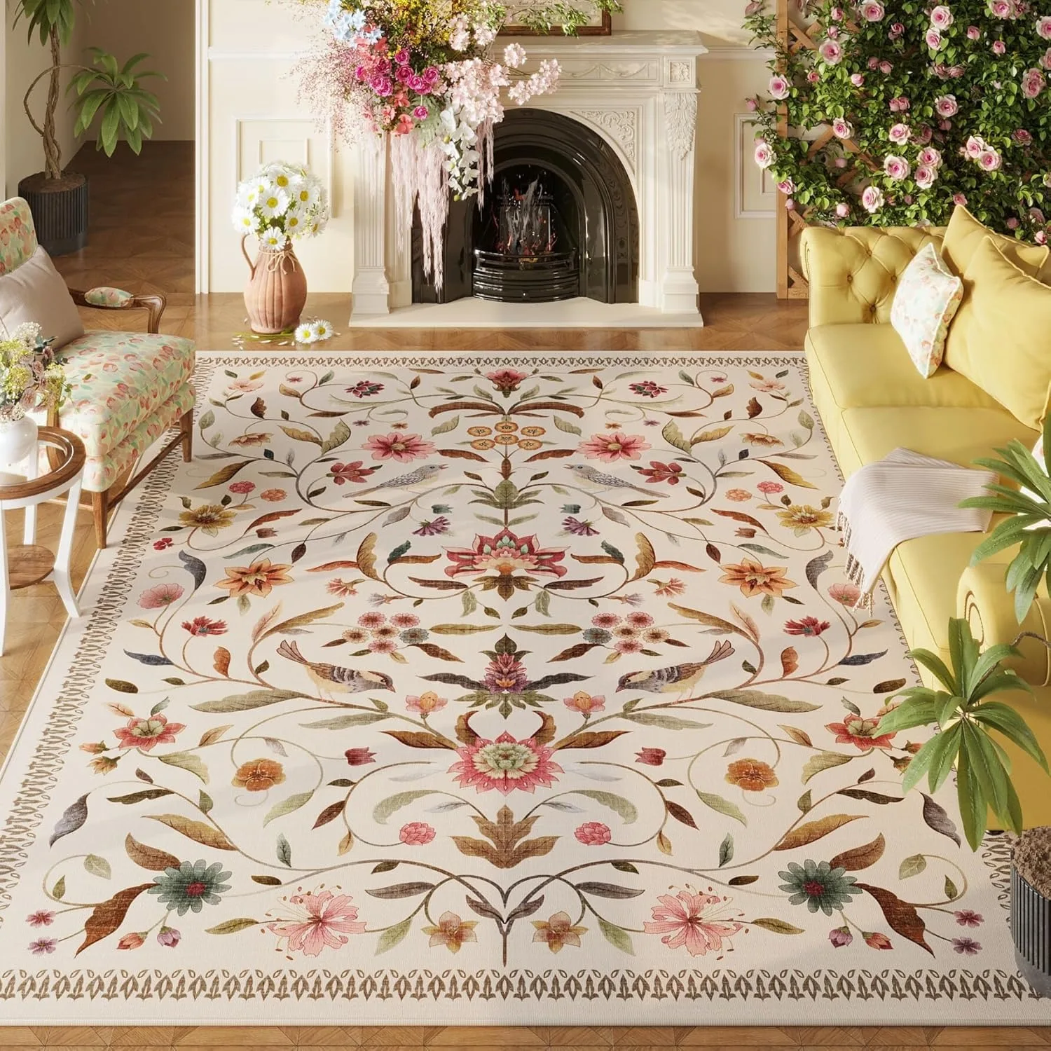 

Floral Living Room Carpet Plant Flower Carpets Machine Washable Non-slip Rug Home Decoration Rugs for Bedroom Bedside Floor Mat