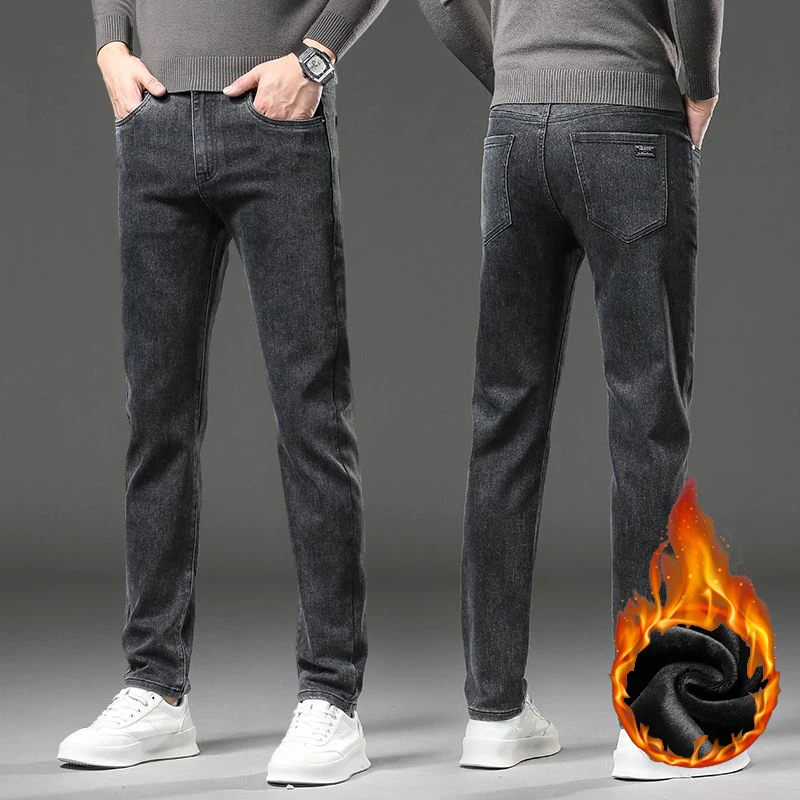 2025 Winter Warm Men's Fleece Thick  Pants Business Stretch Slim Fit Denim Pants Classic Casual Black Gray Blue Trousers