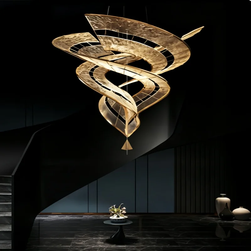 Gold Water Ripple Glass Spiral Chandelier Modern LED Pendant Light for Staircase Villa Lobby New Style for High Rise Apartment