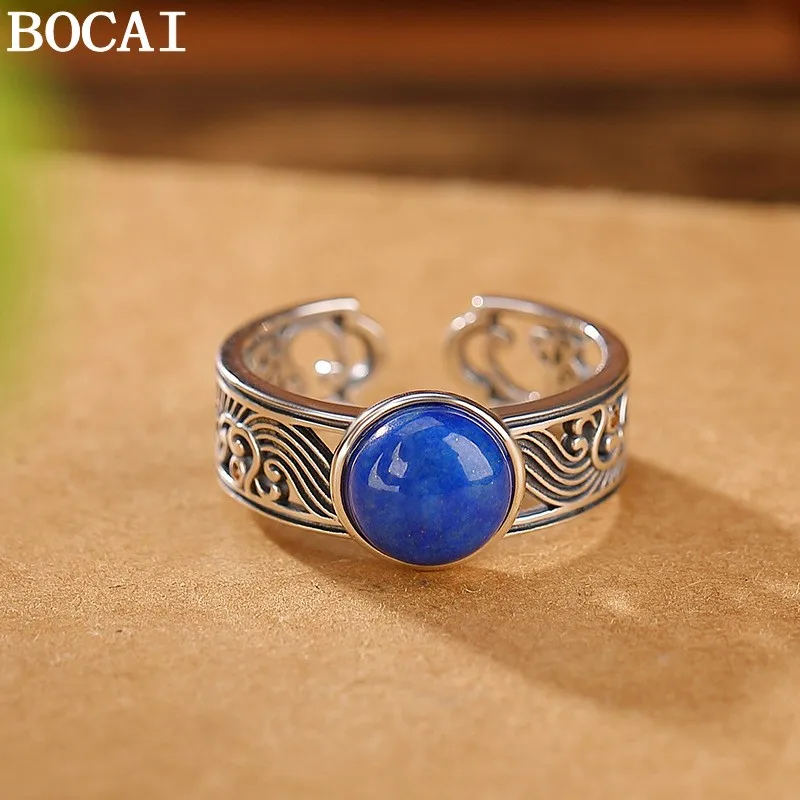 BOCAI S925 Sterling Silver Rings for Women New Fashion Round Lapis Lazuli Hollow Spindrift Pattern Adjustable Ring Jewelry