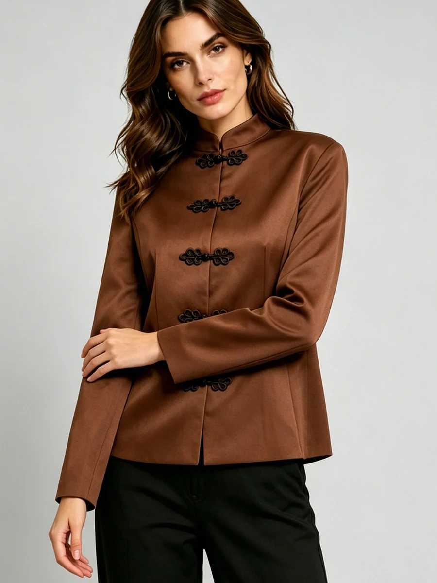 LIMO Vintage Mandarin Collar Suit Jacket, Women's Long Sleeve Knot Button Blazer for Casual & Formal Occasions