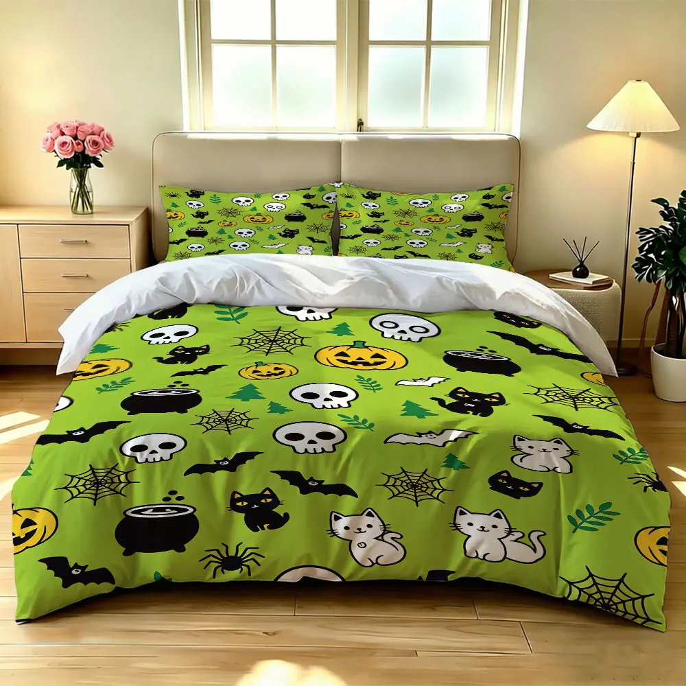 3pc Halloween skeleton cat pumpkin print bedding set a soft coreless mattress cover and matching bedding accessories