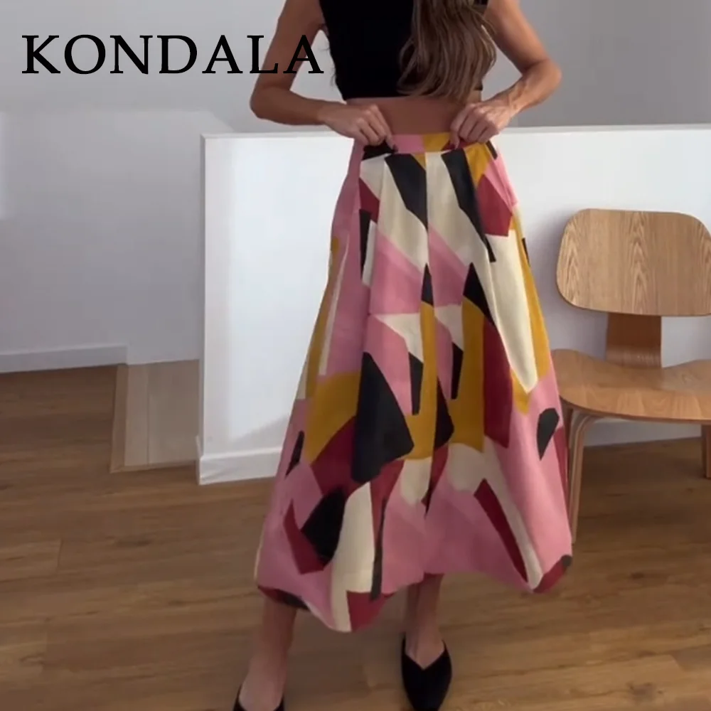 KONDALA 2026 Spring Summer Casual Women Print Skirts Fashion Elegant Loose Zipper Streetwear Chic Ladies Long Skirts