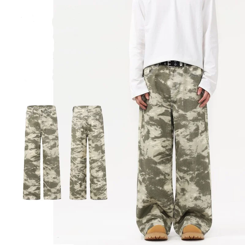 2025 Gothic punk retro streetwear loose Y2K jeans men's hip-hop high waisted wide leg pants camouflage versatile wide leg jeans