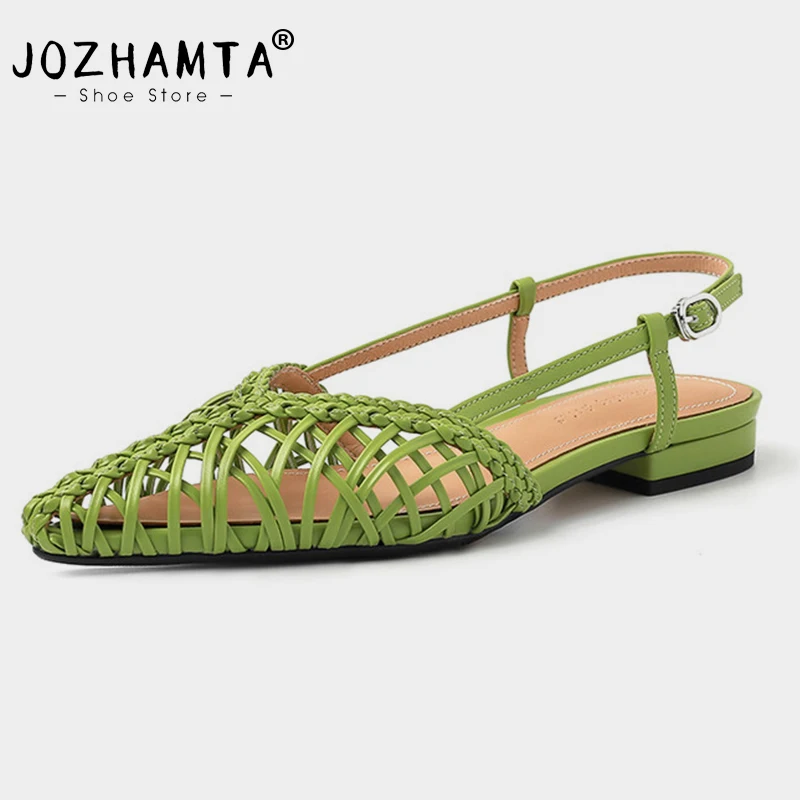 JOZHAMTA Size 34-42 Women Woven Slingback Sandals Real Leather Closed Toe High Heels Summer Slides Shoes Sexy Party Office Dress